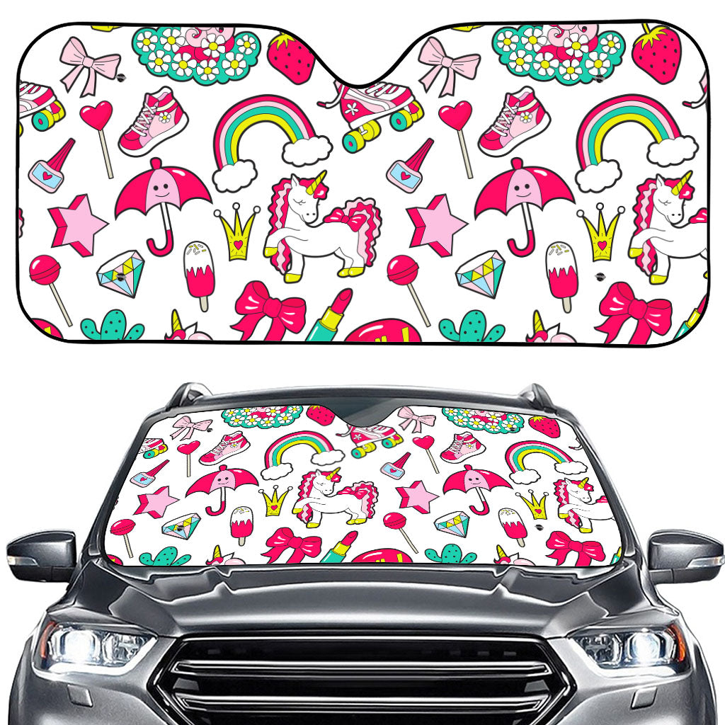 White Girly Unicorn Pattern Print Car Windshield Sun Shade