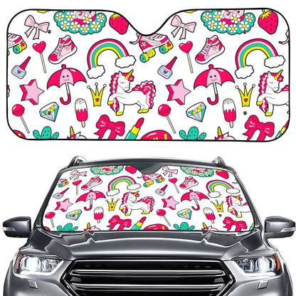 White Girly Unicorn Pattern Print Car Windshield Sun Shade