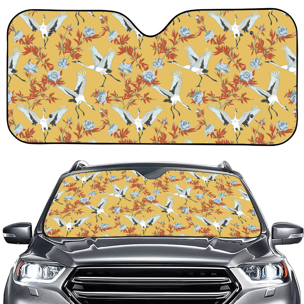 White Japanese Cranes Pattern Print Car Windshield Sun Shade