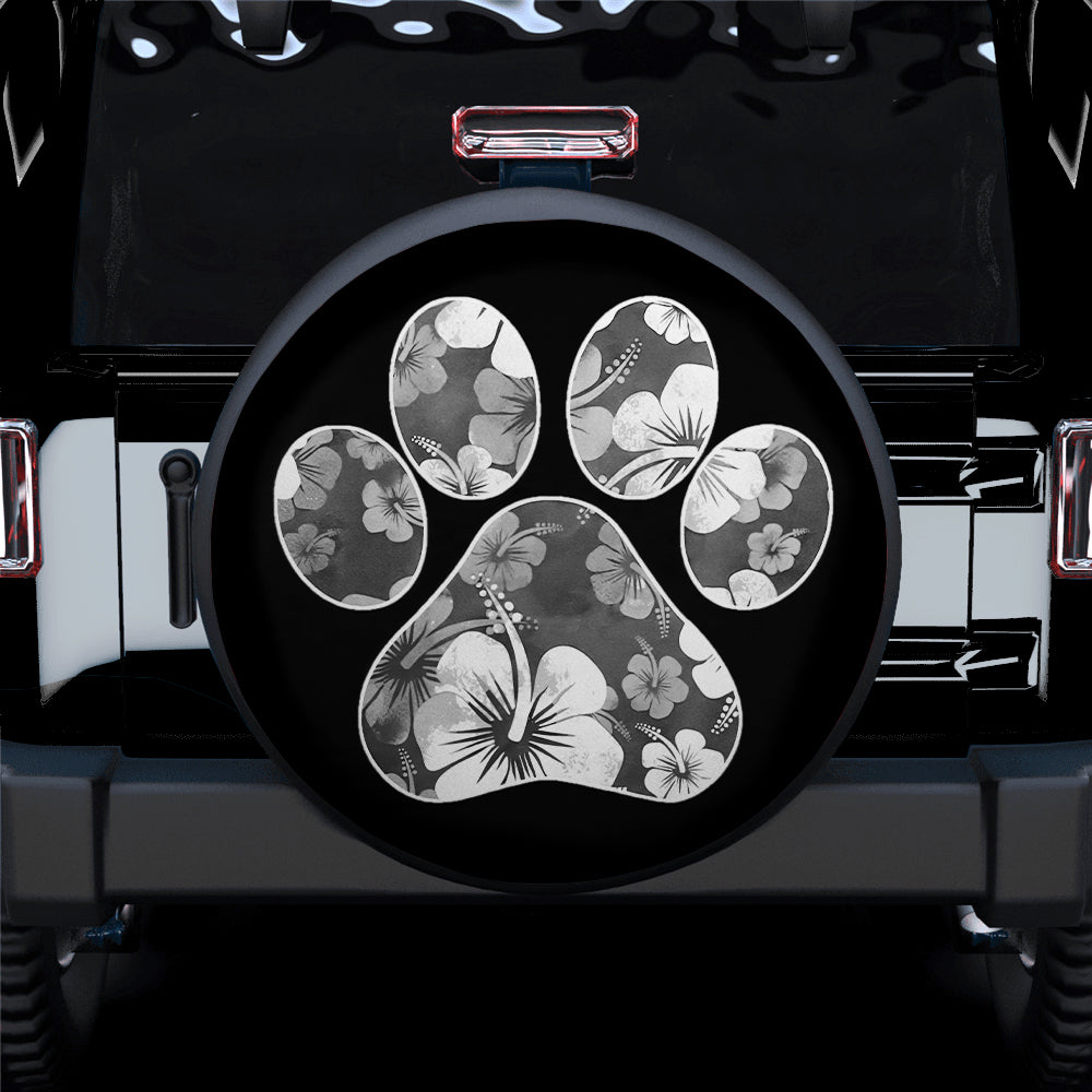 White Paw Print Hawaiian Hibiscus Car Spare Tire Cover