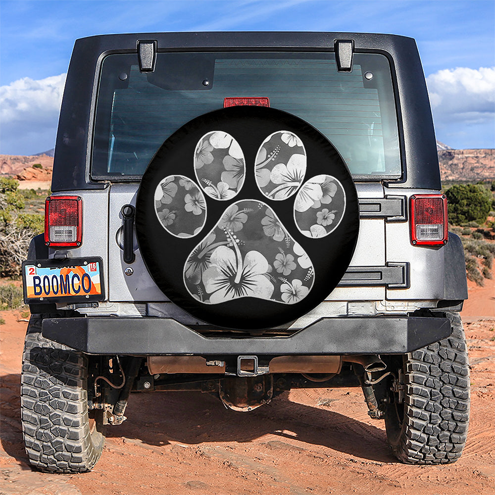White Paw Print Hawaiian Hibiscus Car Spare Tire Cover