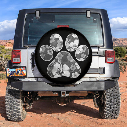 White Paw Print Hawaiian Hibiscus Car Spare Tire Cover
