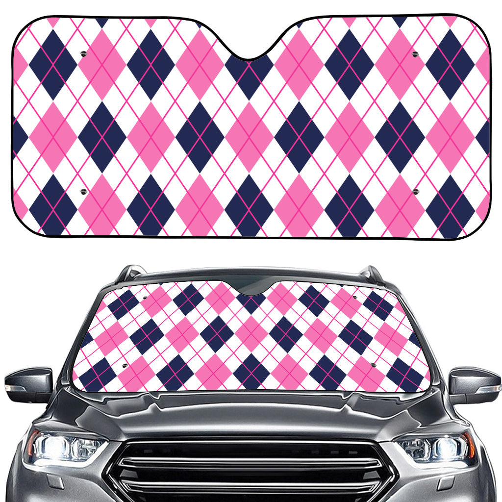 White Pink And Blue Argyle Pattern Print Car Windshield Sun Shade