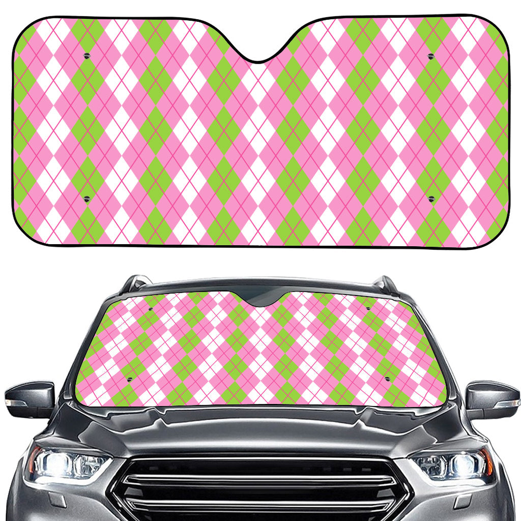 White Pink And Green Argyle Print Car Windshield Sun Shade