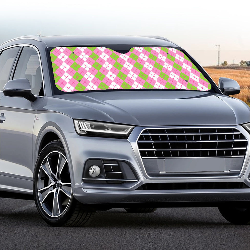 White Pink And Green Argyle Print Car Windshield Sun Shade