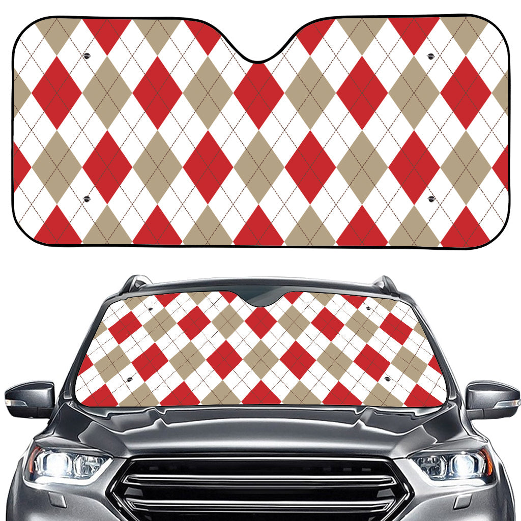 White Red And Beige Argyle Pattern Print Car Windshield Sun Shade