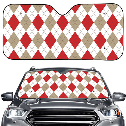 White Red And Beige Argyle Pattern Print Car Windshield Sun Shade