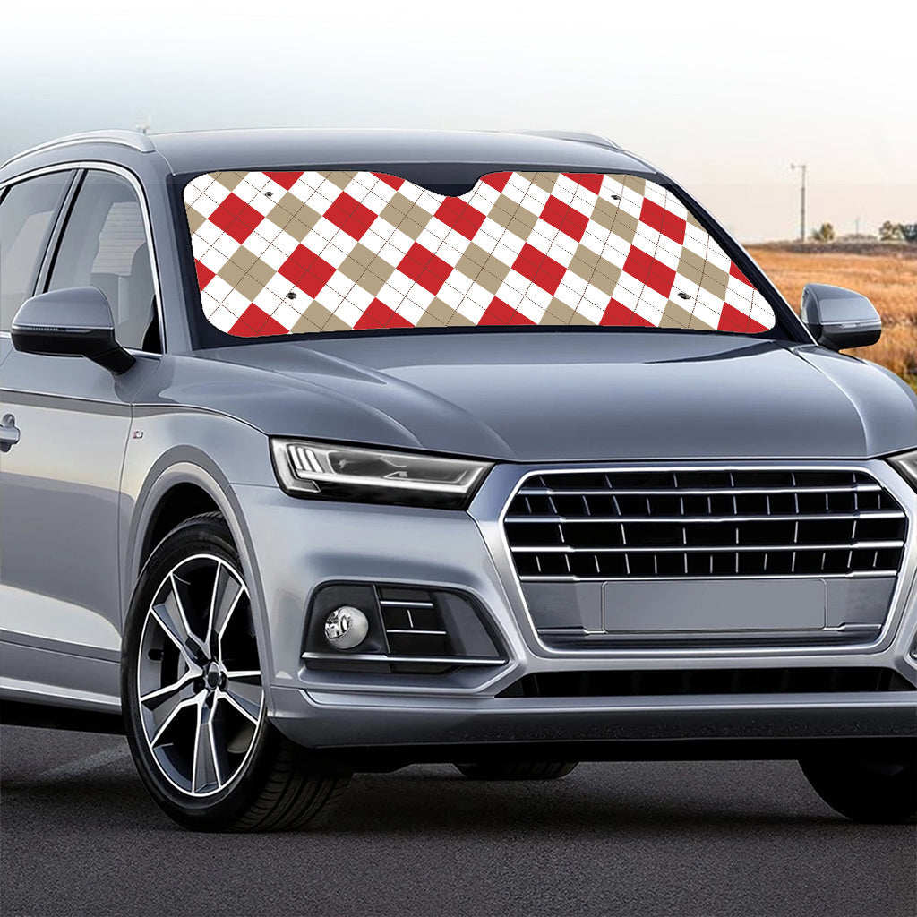 White Red And Beige Argyle Pattern Print Car Windshield Sun Shade