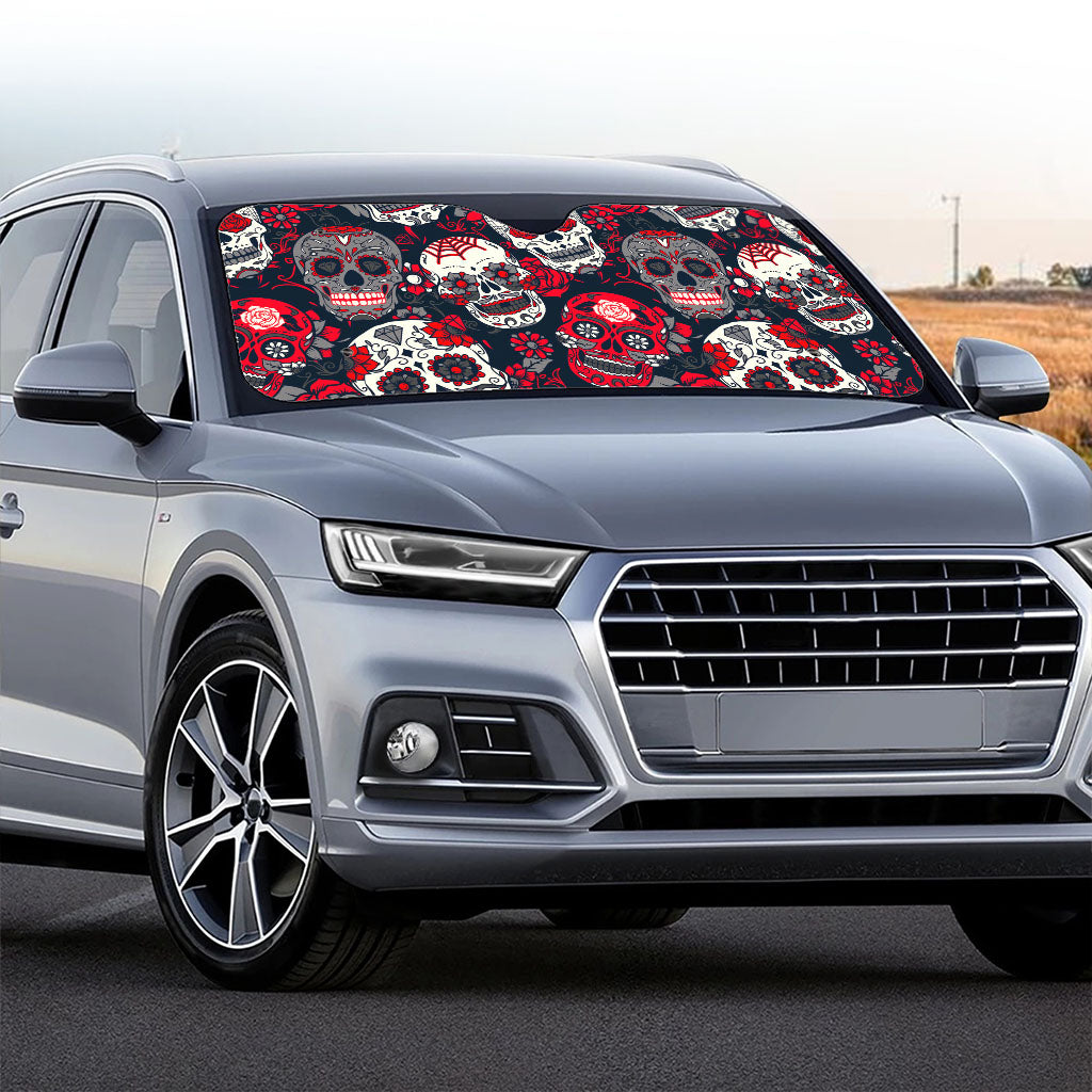 White Red Sugar Skull Pattern Print Car Windshield Sun Shade