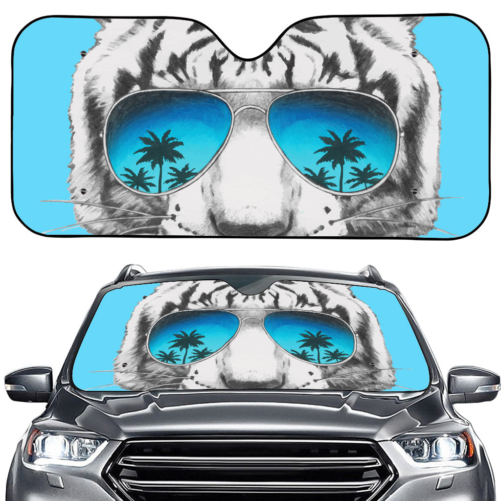White Tiger With Sunglasses Print Car Windshield Sun Shade