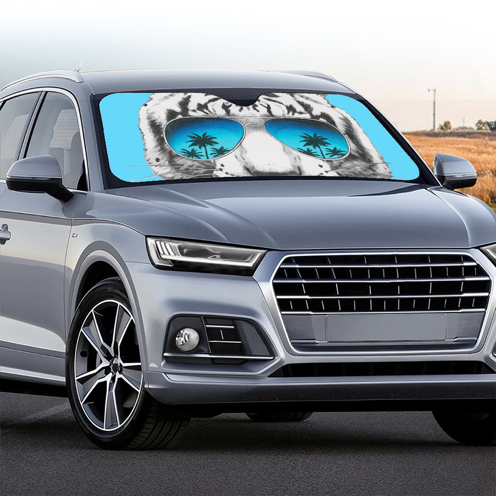 White Tiger With Sunglasses Print Car Windshield Sun Shade
