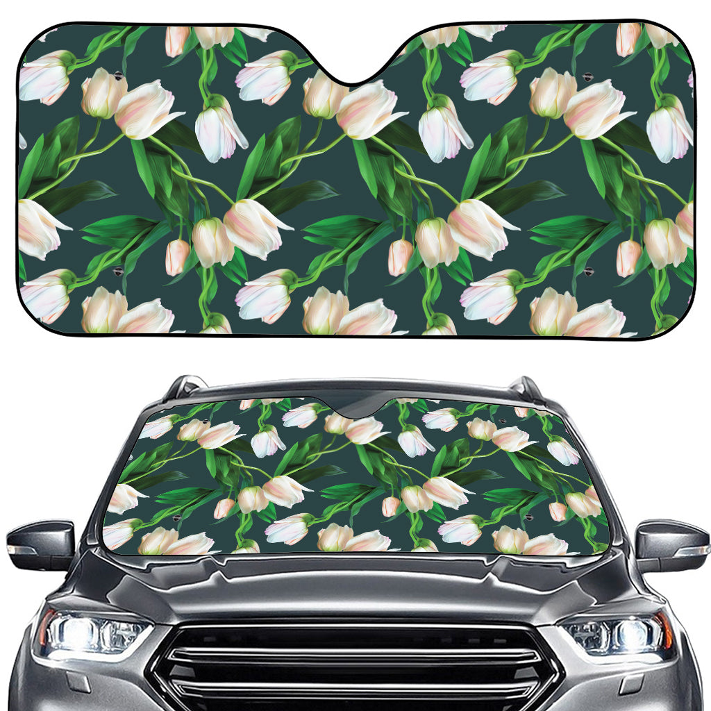 White Tulip Pattern Print Car Windshield Sun Shade