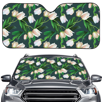 White Tulip Pattern Print Car Windshield Sun Shade