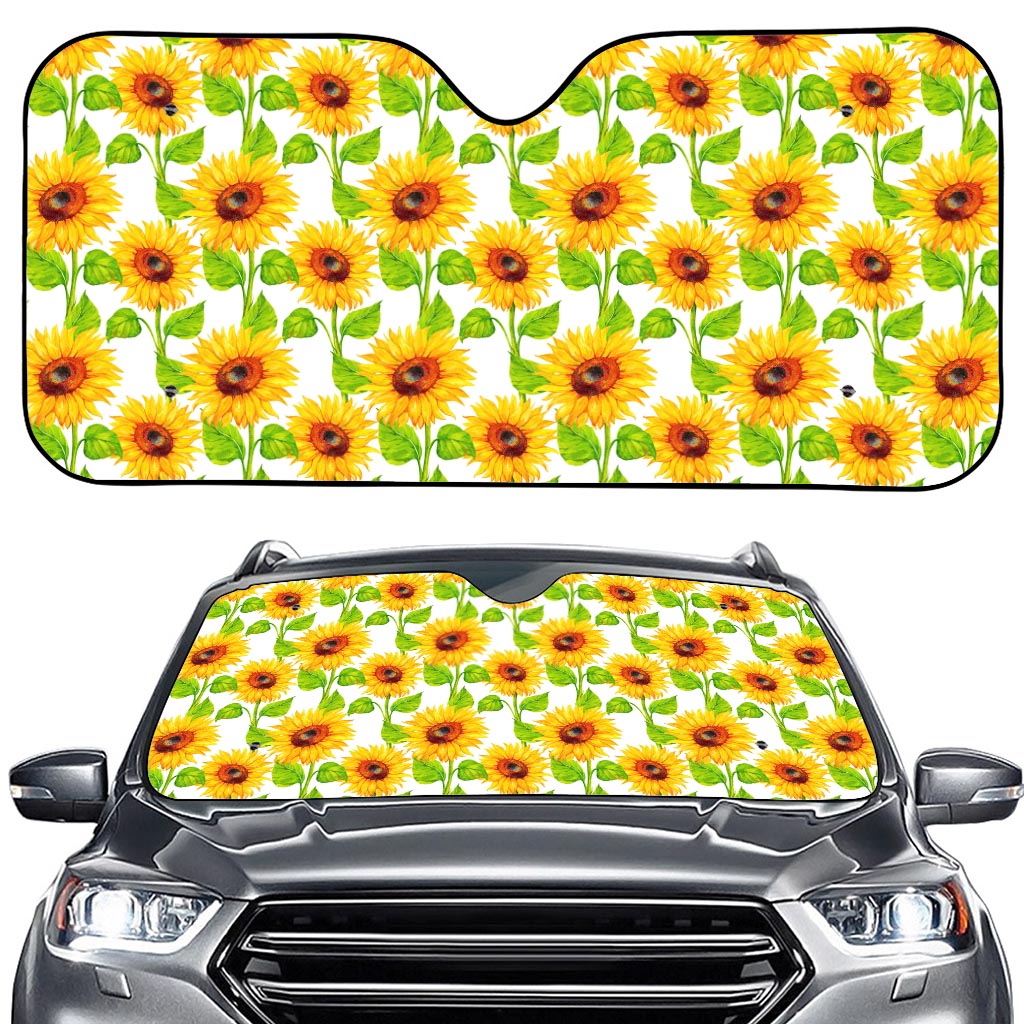 White Watercolor Sunflower Pattern Print Car Windshield Sun Shade