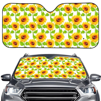 White Watercolor Sunflower Pattern Print Car Windshield Sun Shade