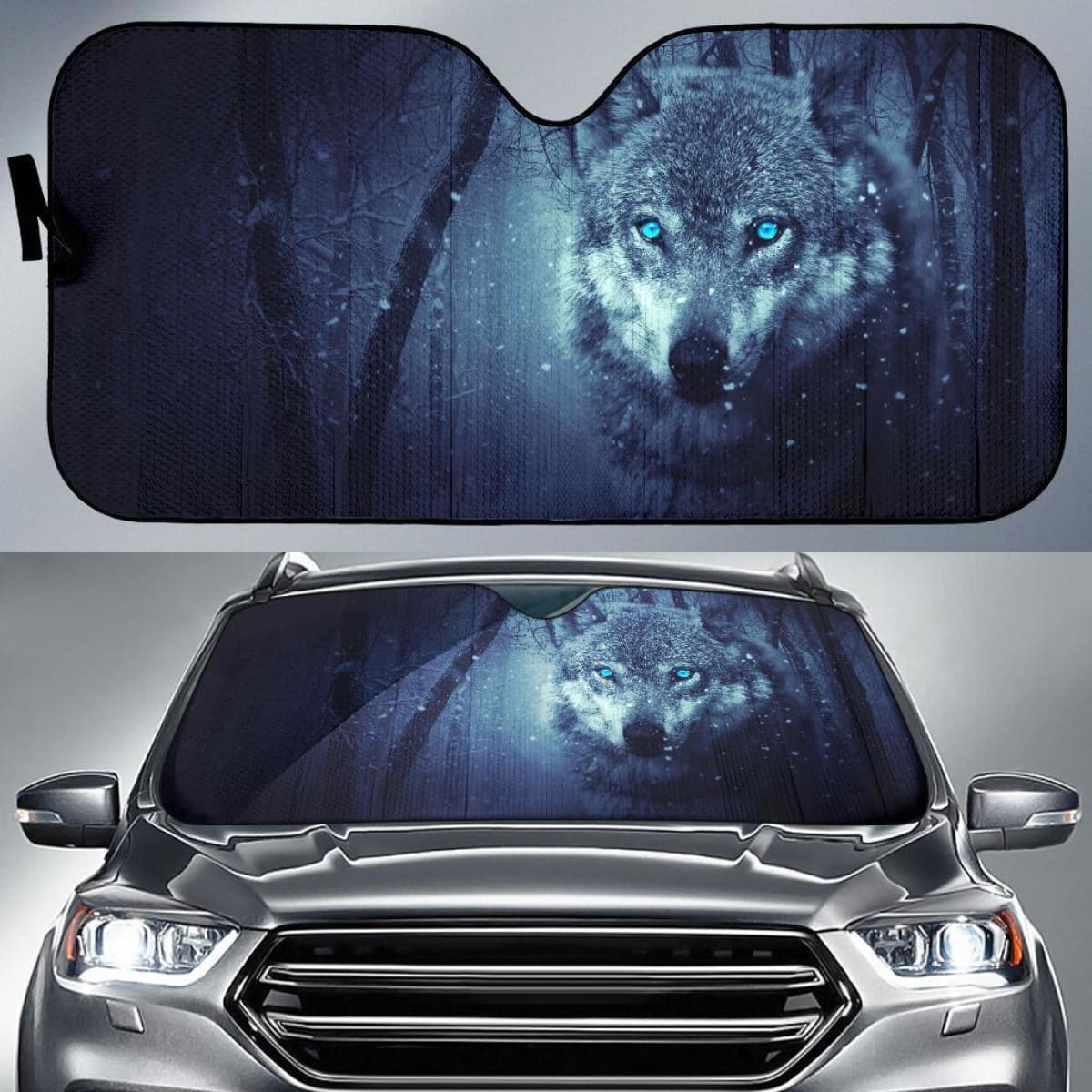 Wild Wolf Blue Eyes Scary Snowfall Winter 4K Car Sun Shade Universal Fit 225311