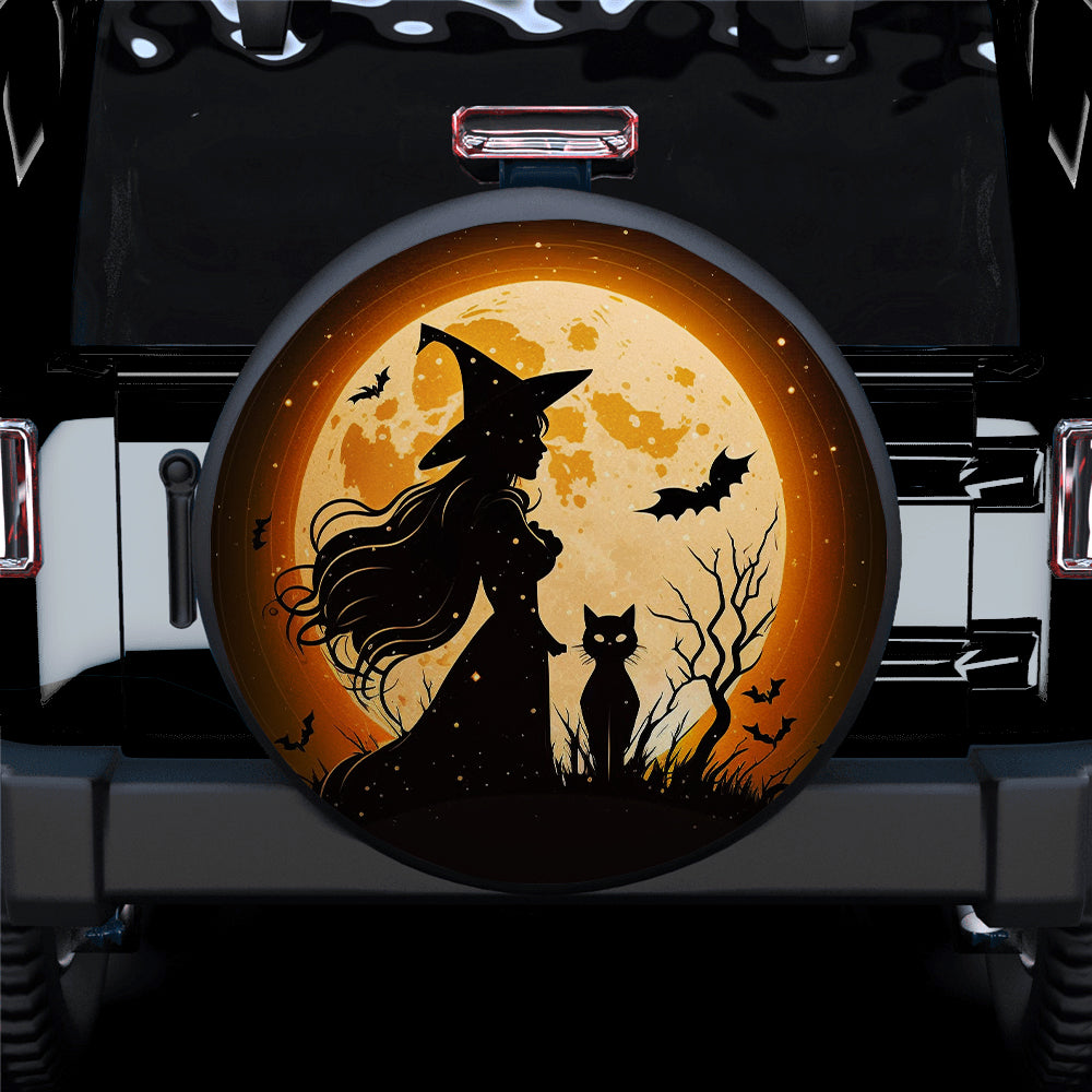 Witch Shadow With Cat Fly Halloween Style Car Spare Tire Cover