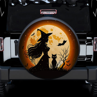 Witch Shadow With Cat Fly Halloween Style Car Spare Tire Cover