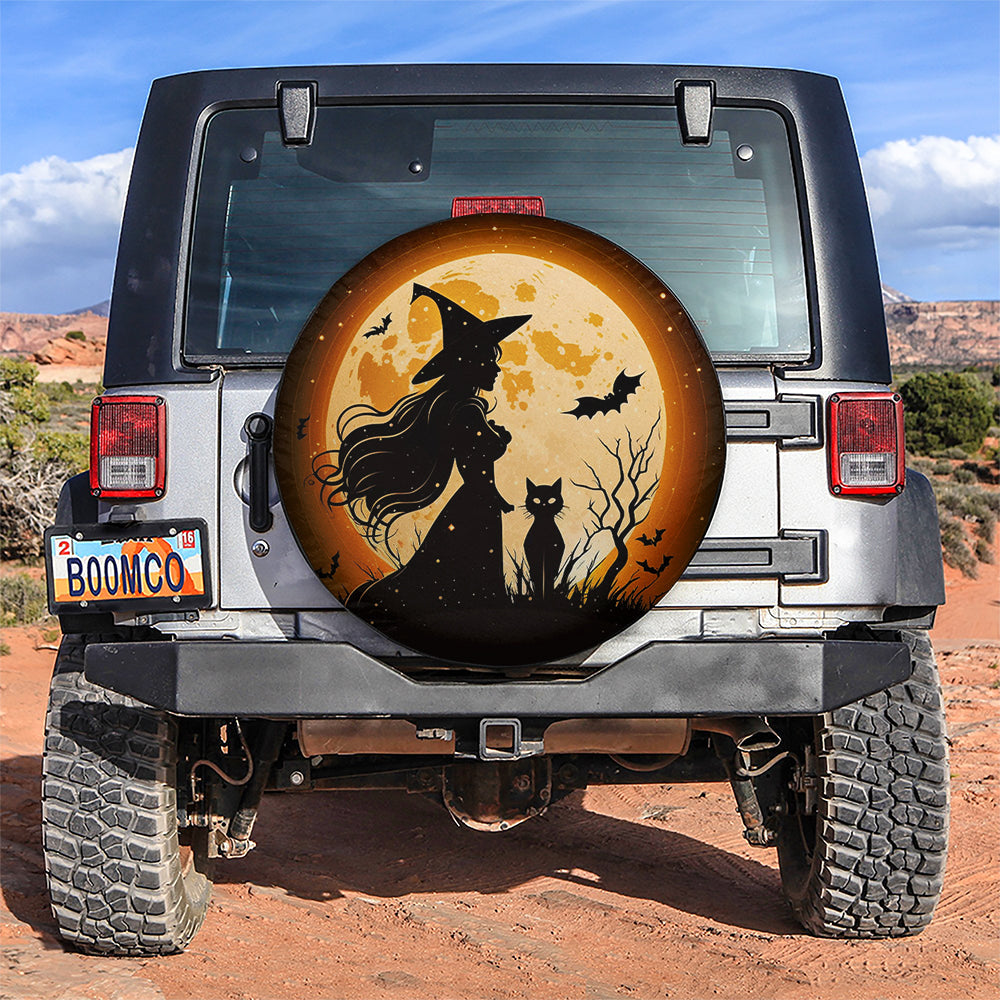 Witch Shadow With Cat Fly Halloween Style Car Spare Tire Cover