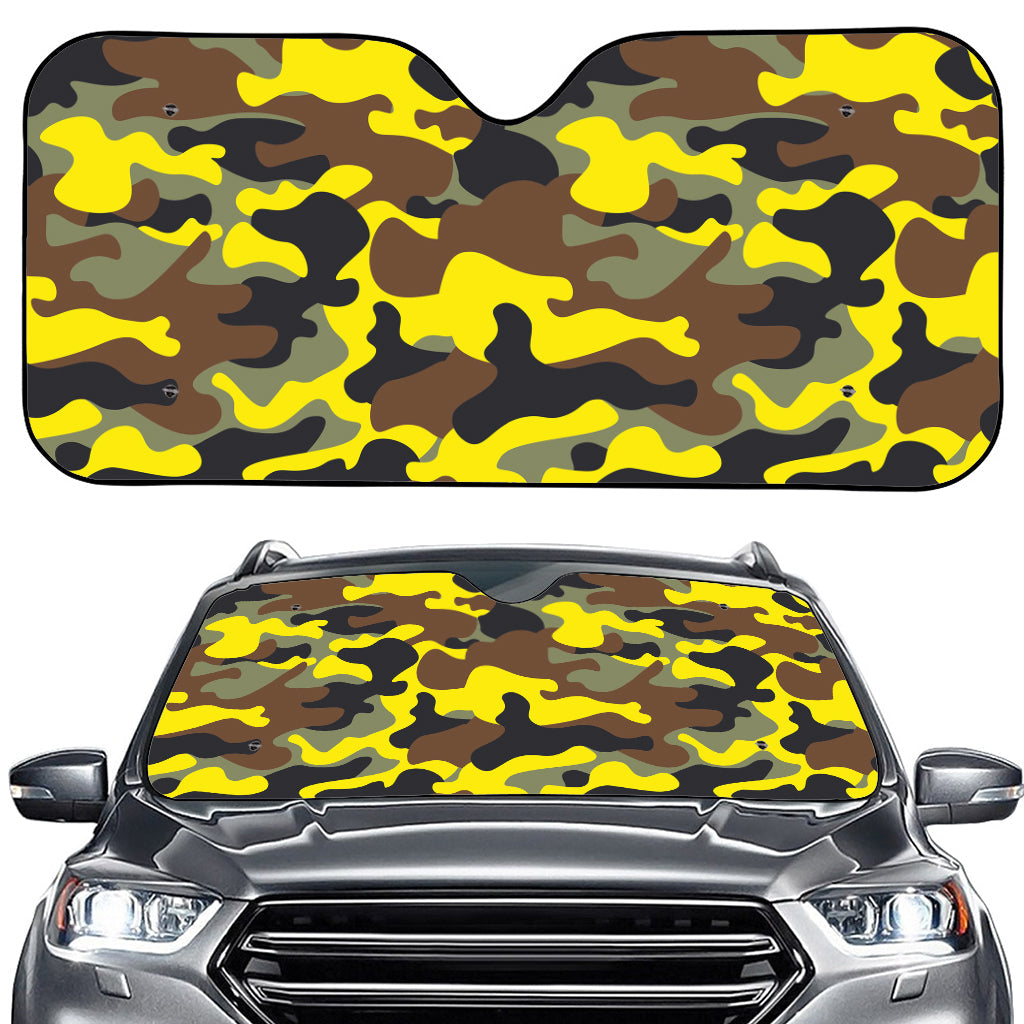 Yellow Brown And Black Camouflage Print Car Windshield Sun Shade