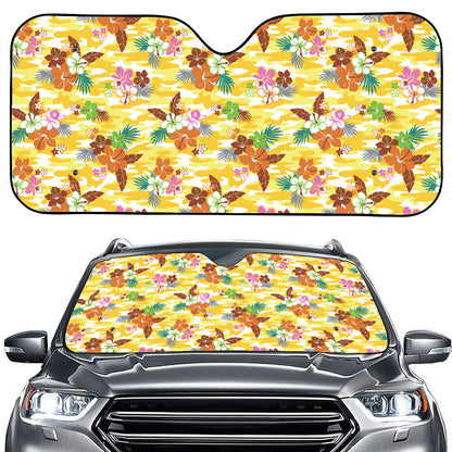 Yellow Camo And Hibiscus Flower Print Car Windshield Sun Shade