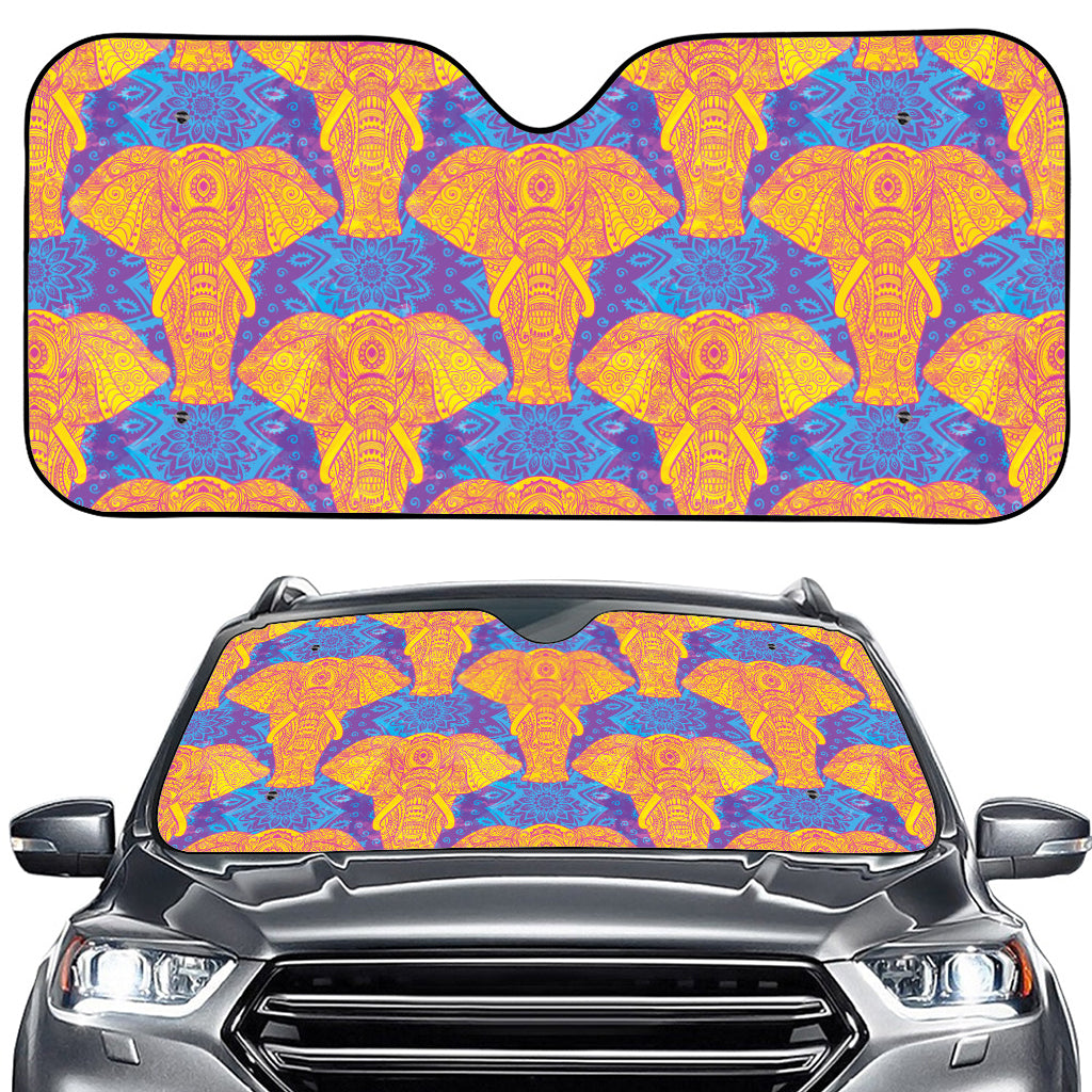 Yellow Mandala Elephant Pattern Print Car Windshield Sun Shade