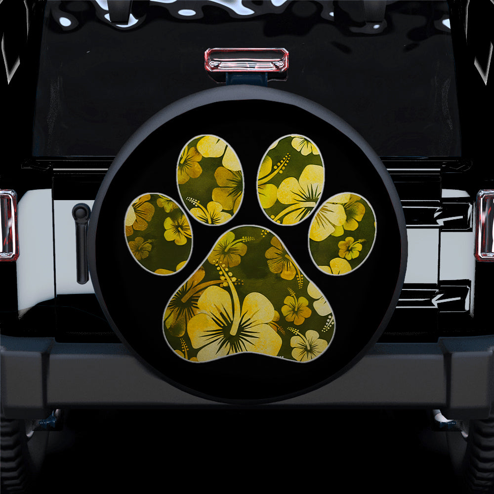 Yellow Paw Print Hawaiian Hibiscus Car Spare Tire Cover