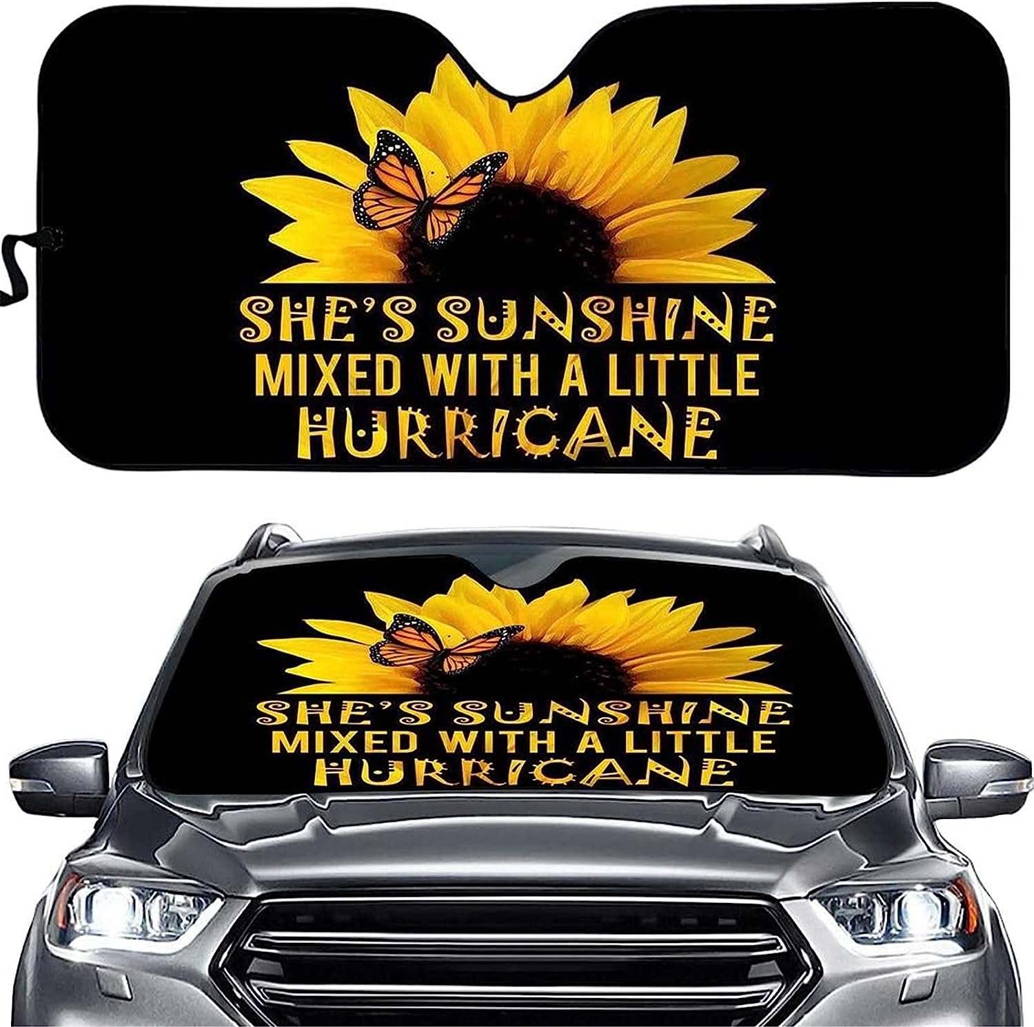 Yellow Sunflower Windshield Sunshade, She's Sunshine Printed Car Front Window Sun Shade