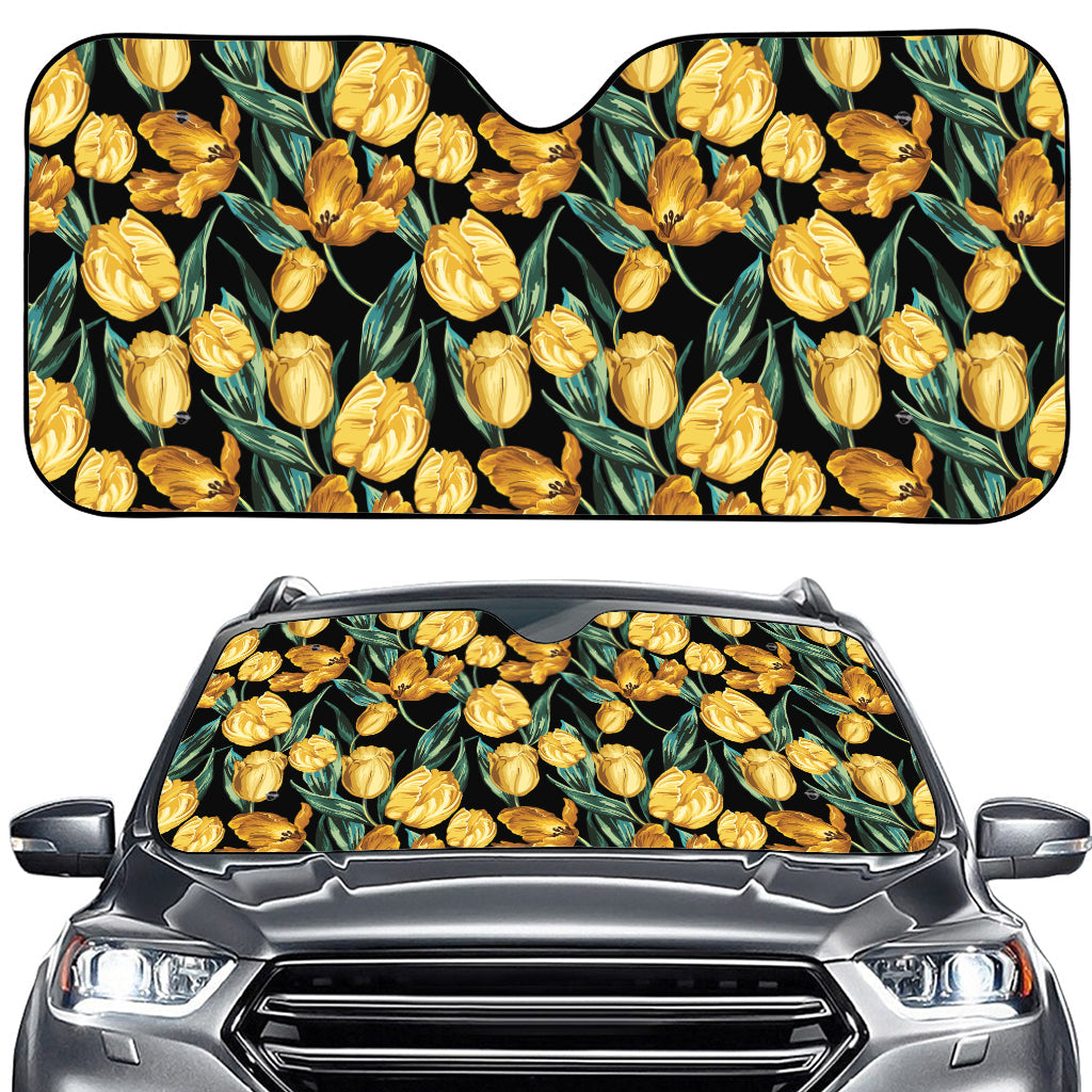 Yellow Tulip Floral Pattern Print Car Windshield Sun Shade