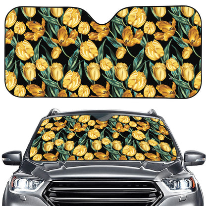 Yellow Tulip Floral Pattern Print Car Windshield Sun Shade