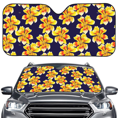 Yellow Watercolor Lily Pattern Print Car Windshield Sun Shade