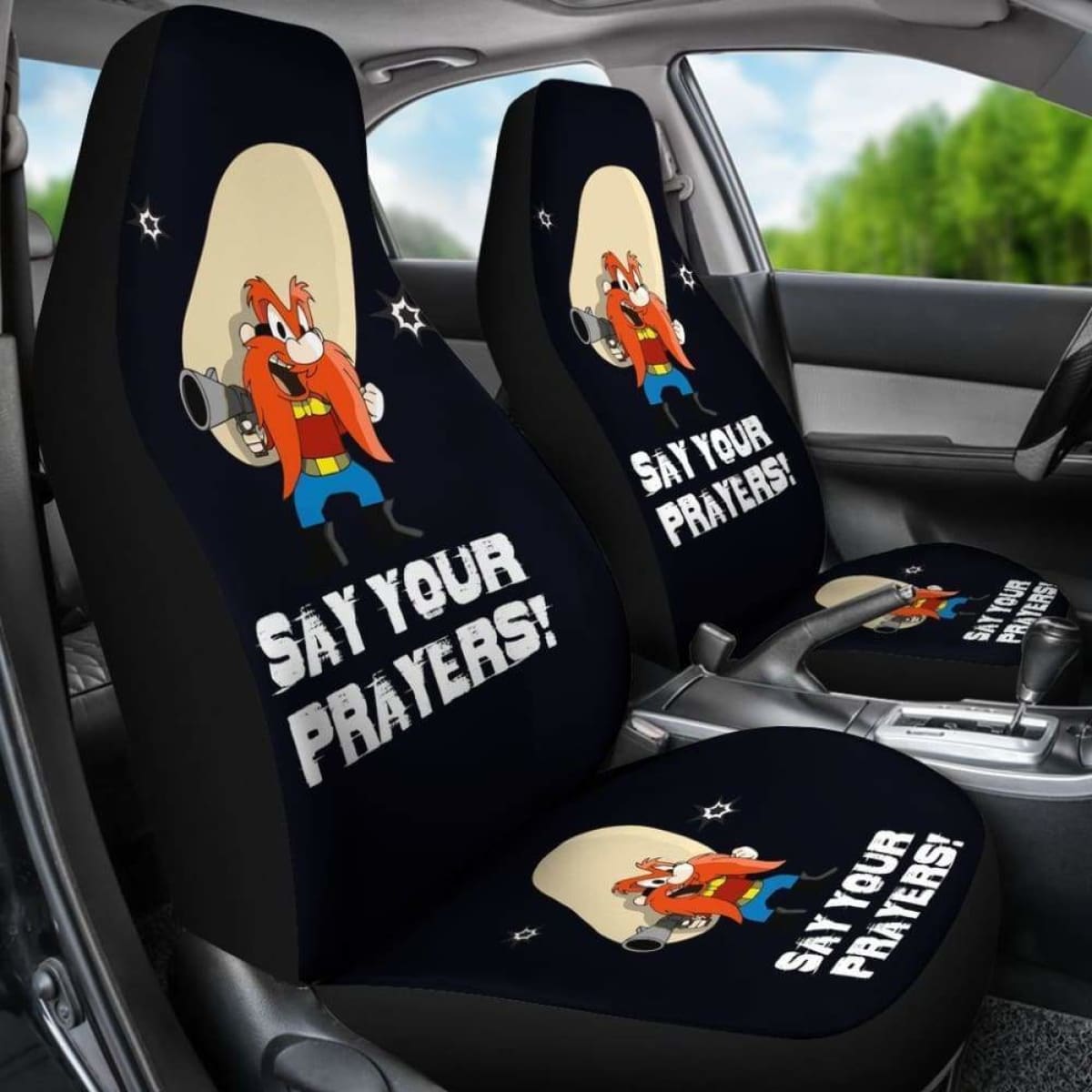 Yosemite Sam Car Seat Cover Looney Say Your Prayer Hand With Gun Fan Gift Universal Fit 051012