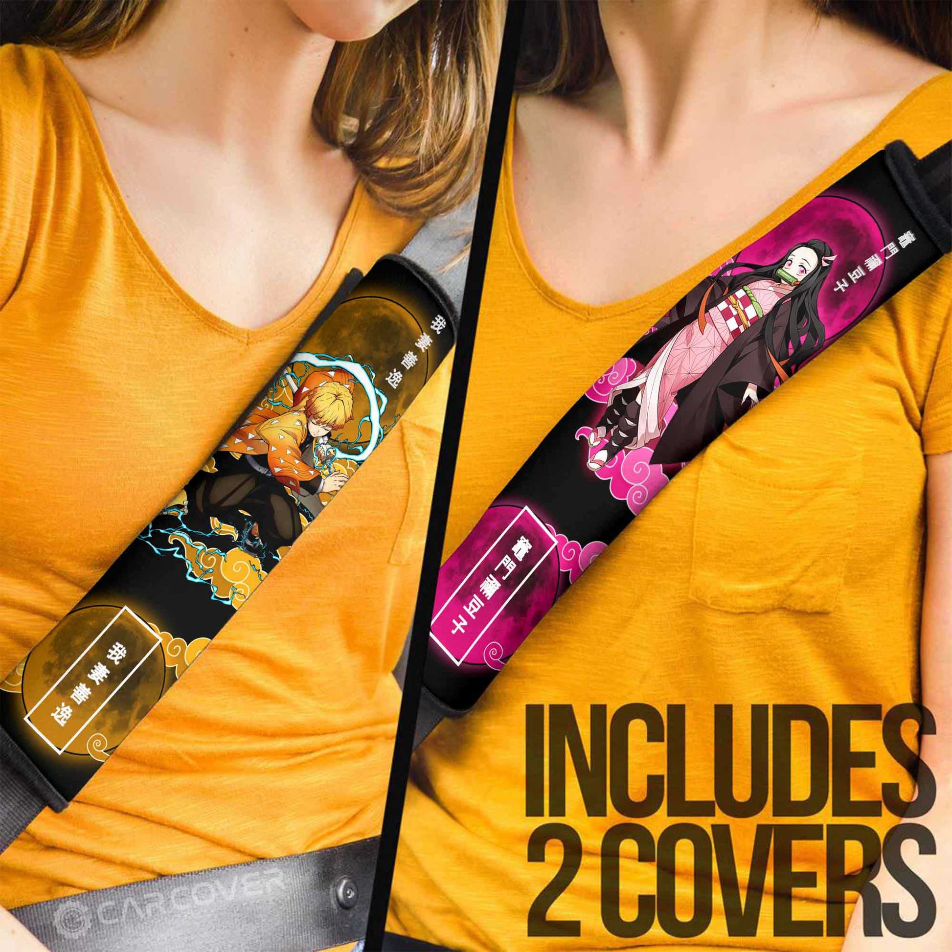 Zenitsu And Nezuko Seat Belt Covers Custom Anime Demon Slayer Car Accessories