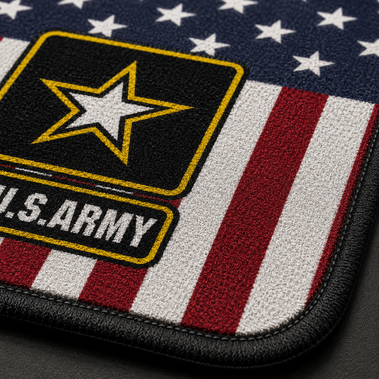 Patriotic Army Veteran automotive floor mats with rugged American flag and military service theme.