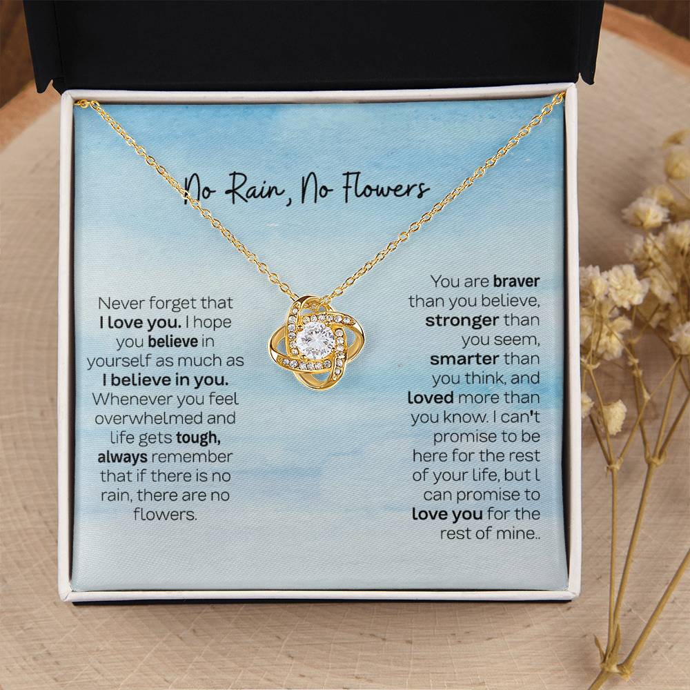 Gift for Daughter from Dad & Mom - No Rain No Flowers Love Knot Necklace