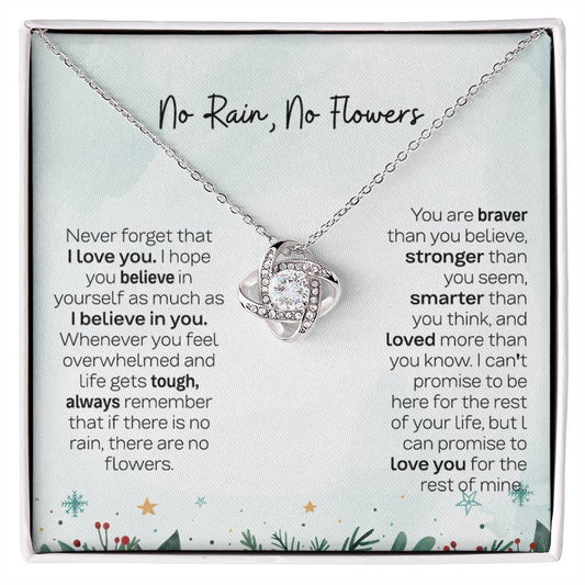 No Rain No Flowers Necklace - Heartfelt Gift for Daughter, Love Knot Necklace from Parents