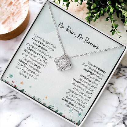 No Rain No Flowers Necklace - Heartfelt Gift for Daughter, Love Knot Necklace from Parents