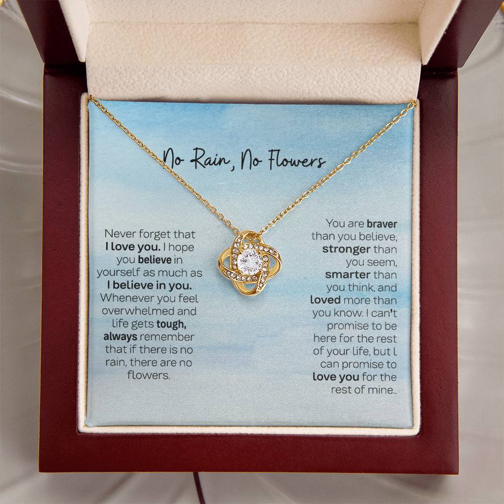 Gift for Daughter from Dad & Mom - No Rain No Flowers Love Knot Necklace