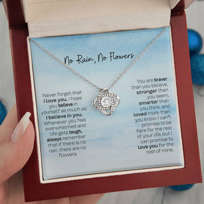 Gift for Daughter from Dad & Mom - No Rain No Flowers Love Knot Necklace