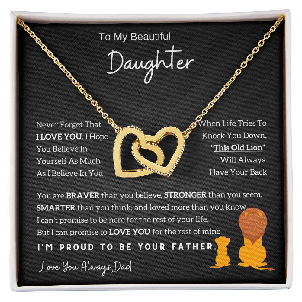 Interlocking Hearts Necklace with 'To My Daughter - Lion - From Dad' Message - Christmas Gift