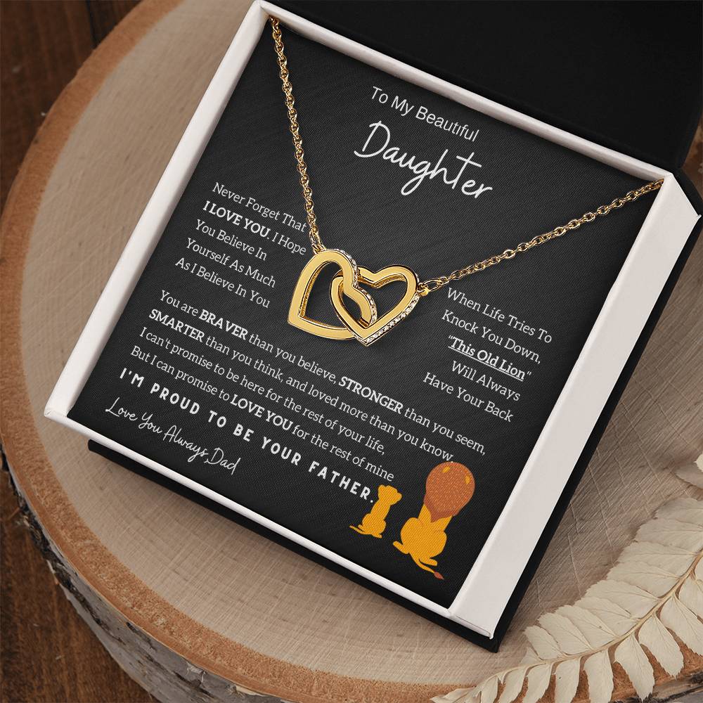 Interlocking Hearts Necklace with 'To My Daughter - Lion - From Dad' Message - Christmas Gift