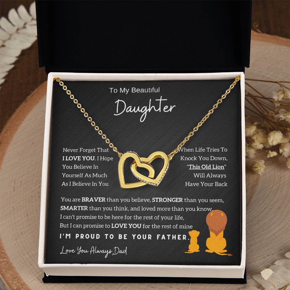 Interlocking Hearts Necklace with 'To My Daughter - Lion - From Dad' Message - Christmas Gift