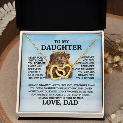 To My Daughter Necklace - Interlocking Hearts with Lion Message from Dad