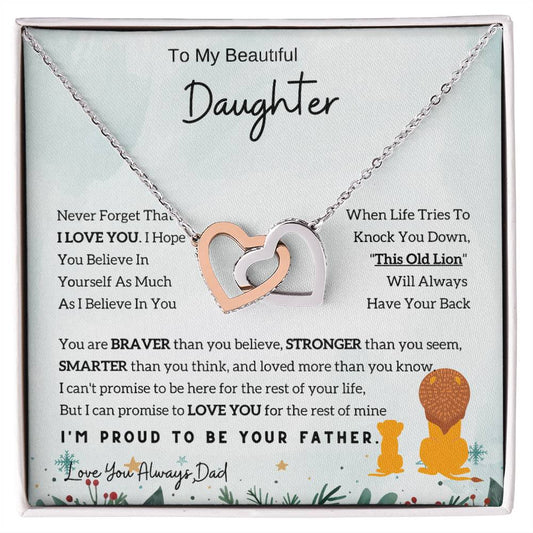 Interlocking Hearts Necklace with 'To My Daughter - Lion' Message - Special Gift from Dad