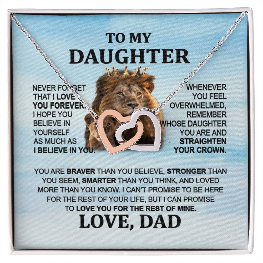 To My Daughter Necklace - Interlocking Hearts with Lion Message from Dad