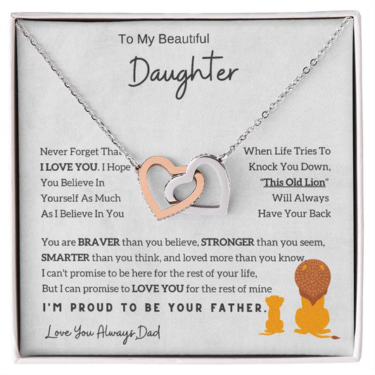 To My Daughter Interlocking Hearts Necklace - Lion Design from Dad, Birthday Gift