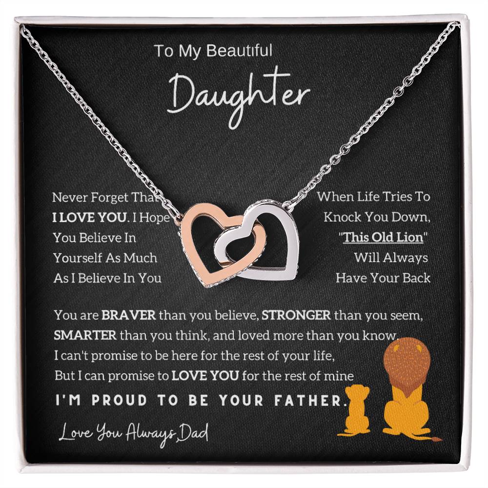 Interlocking Hearts Necklace with 'To My Daughter - Lion - From Dad' Message - Christmas Gift