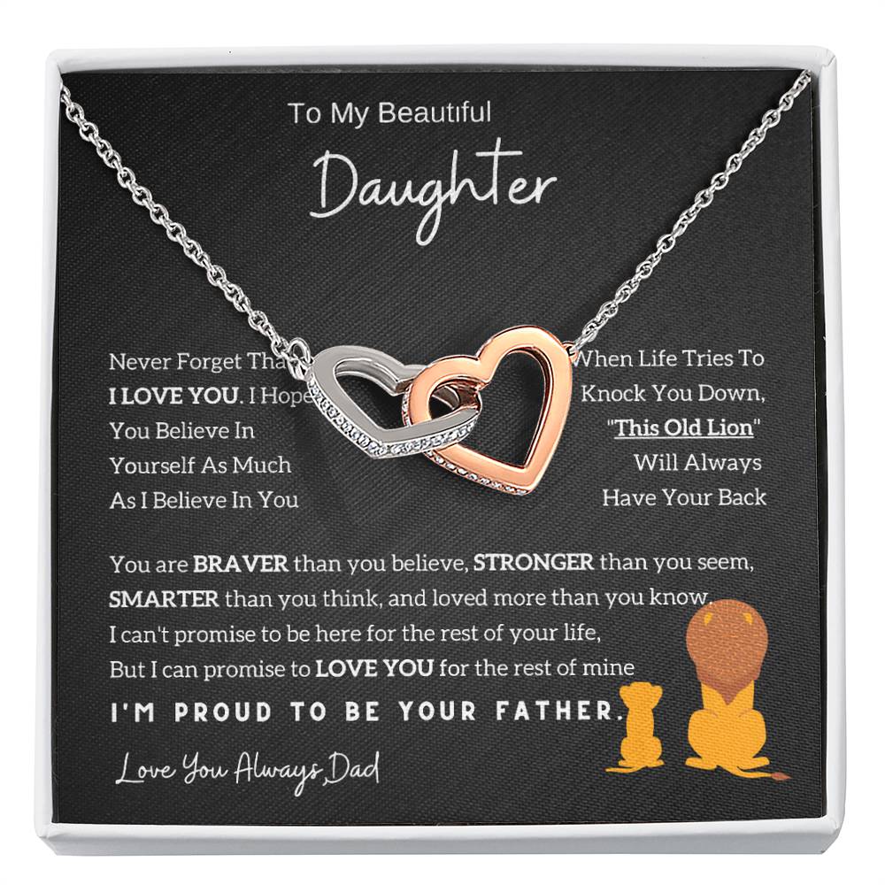 Interlocking Hearts Necklace with 'To My Daughter - Lion - From Dad' Message - Christmas Gift