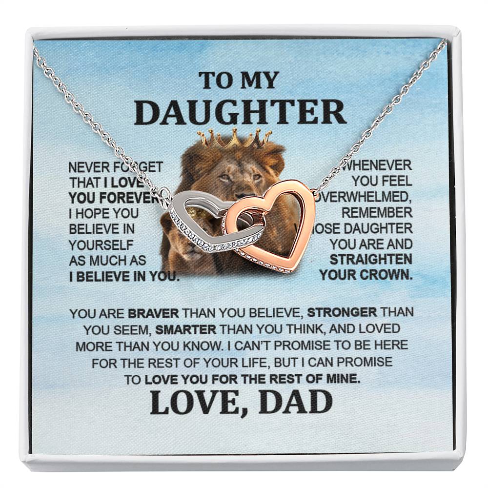 To My Daughter Necklace - Interlocking Hearts with Lion Message from Dad