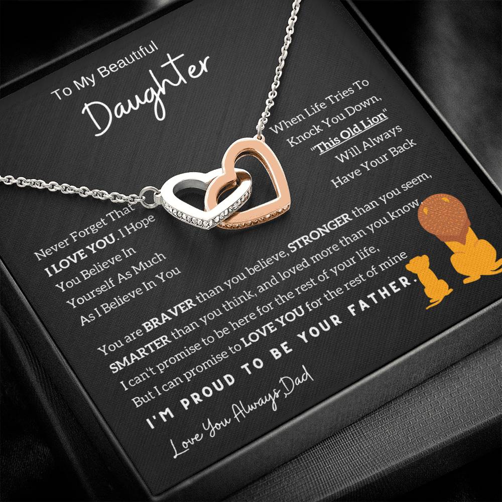 Interlocking Hearts Necklace with 'To My Daughter - Lion - From Dad' Message - Christmas Gift